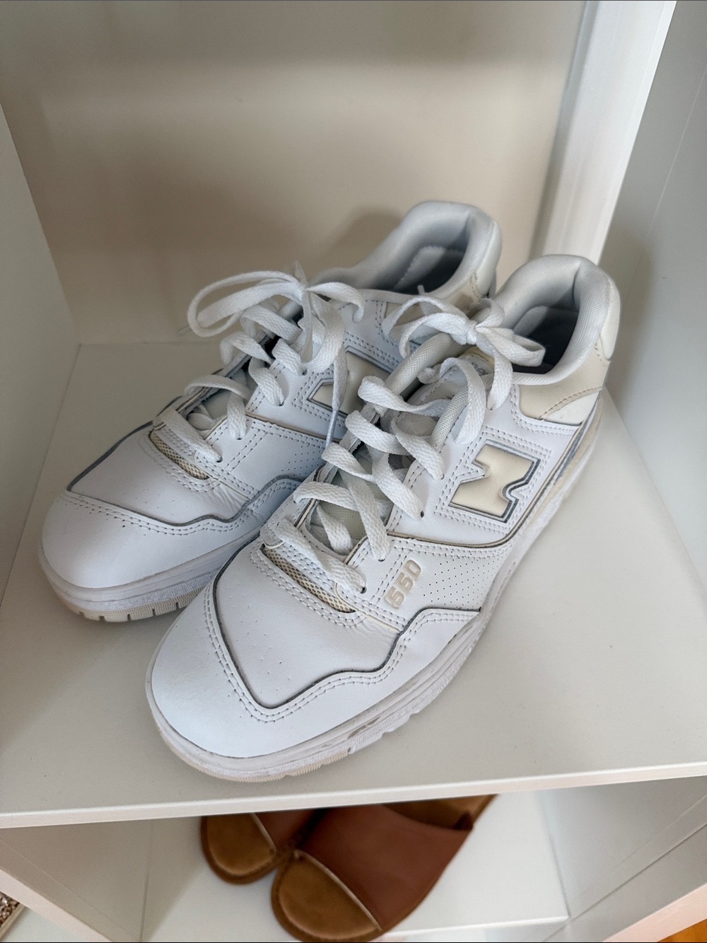 New Balance 550 White Leather Athletic Sneakers with Cream Accents